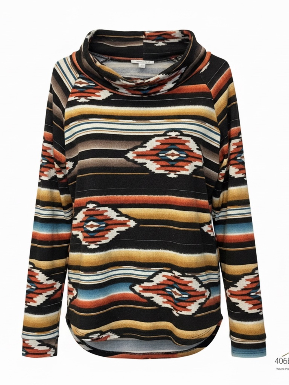 Cowl Neck Aztec Stripe Pullover Sweater - Black/Multi